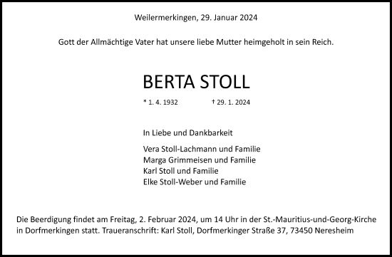 Traueranzeige von Berta Stoll von Schwäbische Post