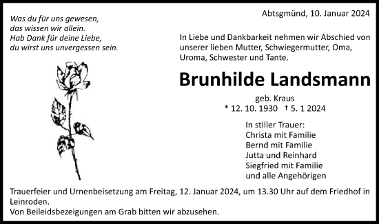 Traueranzeige von Brunhilde Landsmann von Schwäbische Post