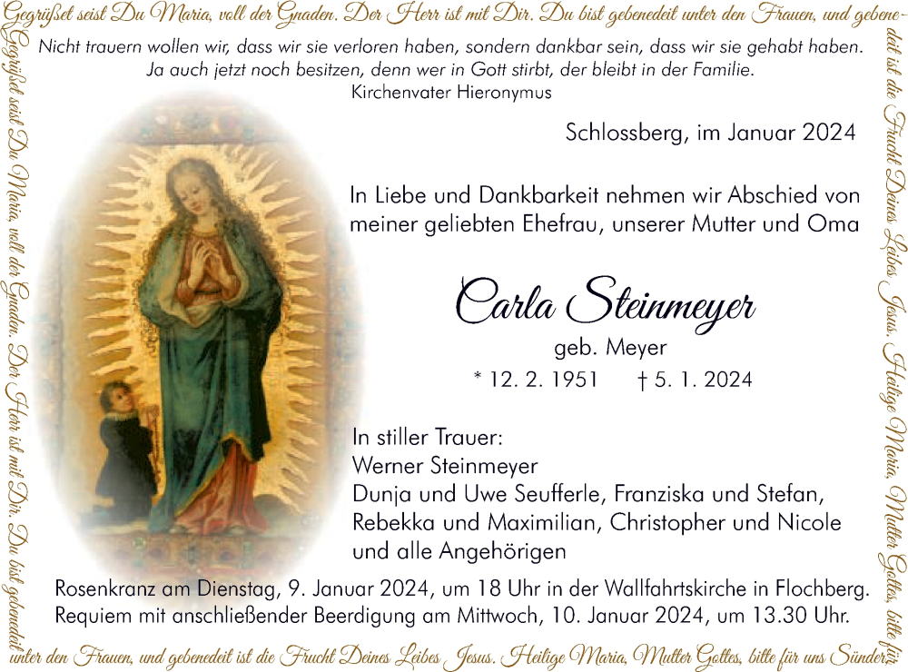  Traueranzeige für Carla Steinmeyer vom 09.01.2024 aus Schwäbische Post