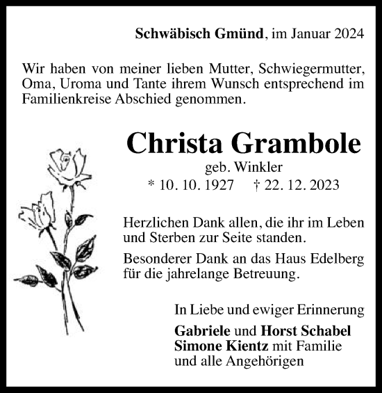 Traueranzeige von Christa Grambole