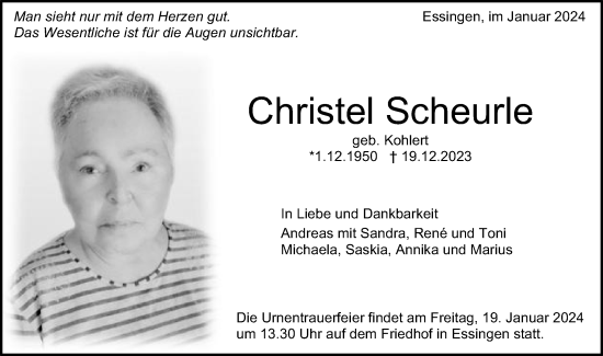 Traueranzeige von Christel Scheurle von Schwäbische Post