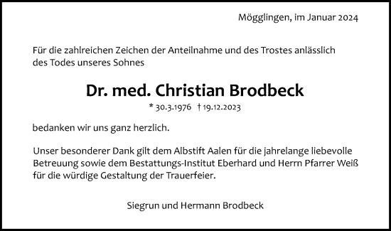 Traueranzeige von Christian Brodbeck von Schwäbische Post