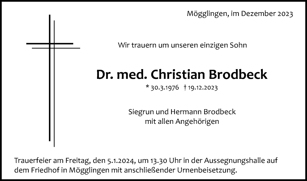  Traueranzeige für Christian Brodbeck vom 02.01.2024 aus Schwäbische Post