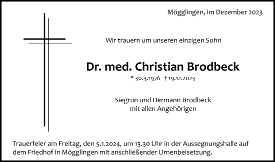 Traueranzeige von Christian Brodbeck von Schwäbische Post