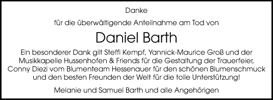 Traueranzeige von Daniel Barth