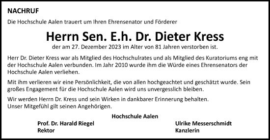 Traueranzeige von Dieter Kress von Schwäbische Post