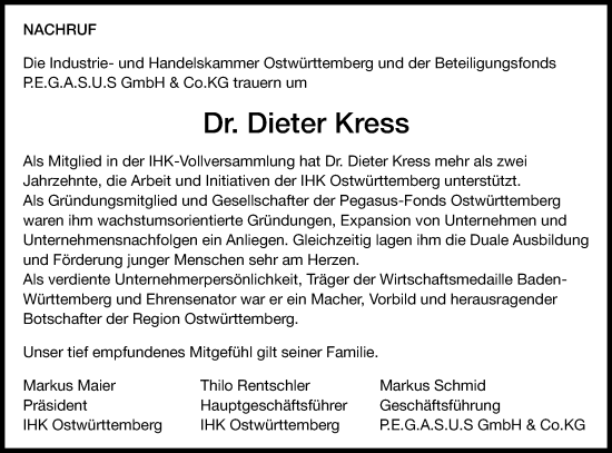 Traueranzeige von Dieter Kress von Schwäbische Post