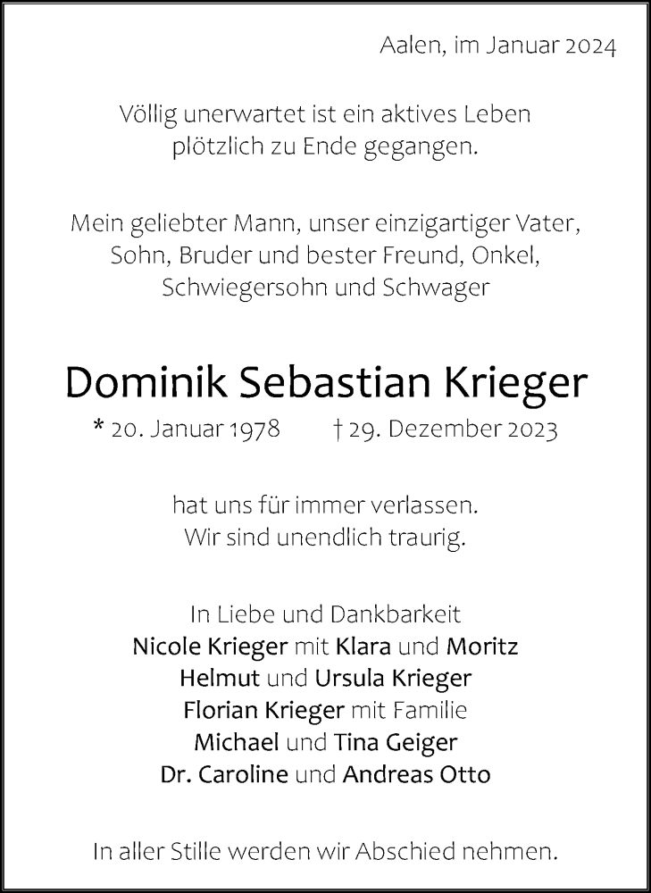  Traueranzeige für Dominik Sebastian Krieger vom 04.01.2024 aus Schwäbische Post