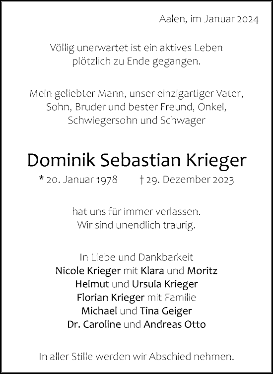 Traueranzeige von Dominik Sebastian Krieger von Schwäbische Post