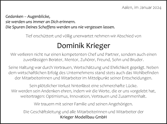 Traueranzeige von Dominik Sebastian Krieger von Schwäbische Post