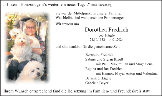 Traueranzeige von Dorothea Fredrich von Schwäbische Post