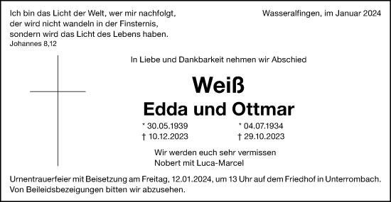 Traueranzeige von Edda und Ottmar Weiß von Schwäbische Post