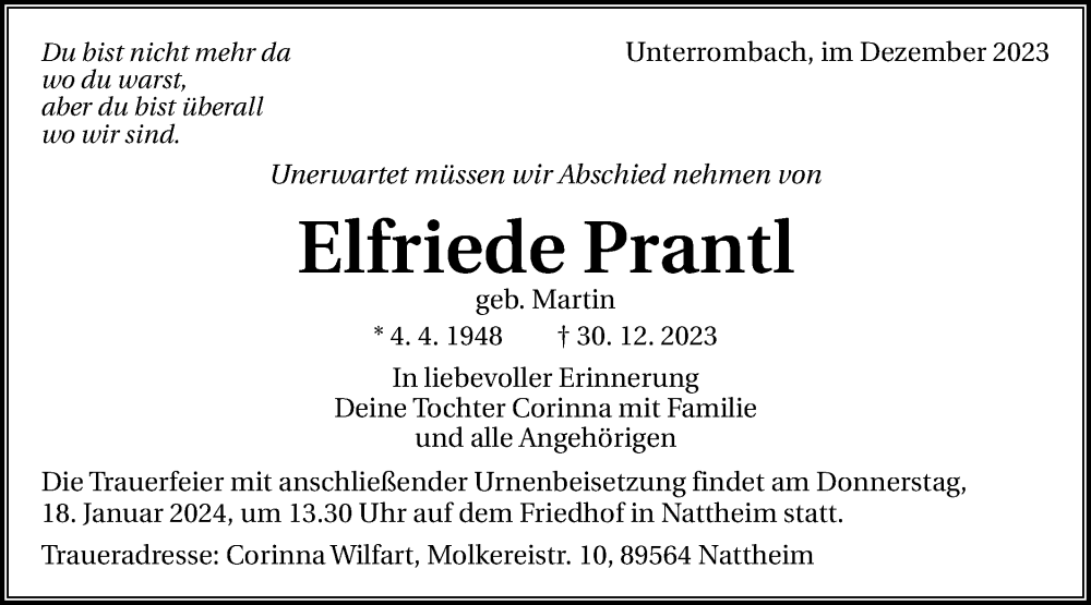  Traueranzeige für Elfriede Prantl vom 16.01.2024 aus Schwäbische Post