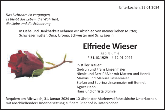 Traueranzeige von Elfriede Wieser von Schwäbische Post