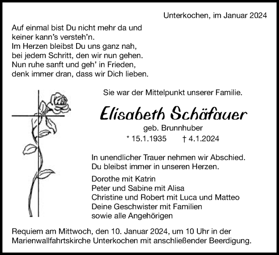 Traueranzeige von Elisabeth Schäfauer von Schwäbische Post