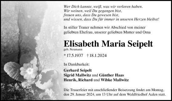 Traueranzeige von Elisabeth Maria Seipelt von Schwäbische Post