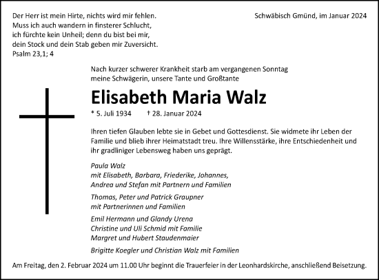 Traueranzeige von Elisabeth Maria Walz von Gmünder Tagespost