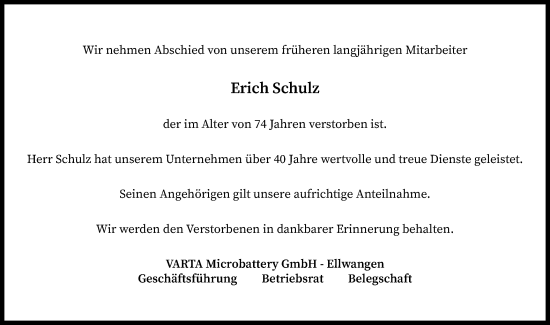 Traueranzeige von Erich Schulz