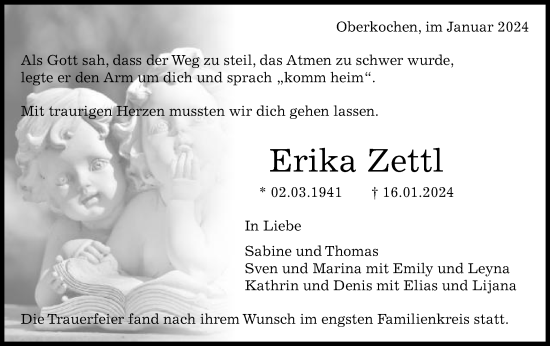 Traueranzeige von Erika Zettl von Schwäbische Post
