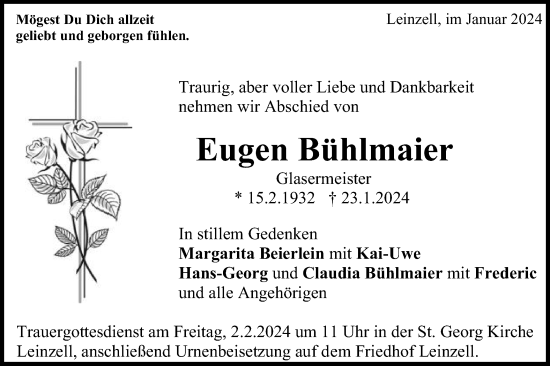Traueranzeige von Eugen Bühlmaier von Gmünder Tagespost