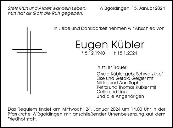 Traueranzeige von Eugen Kübler