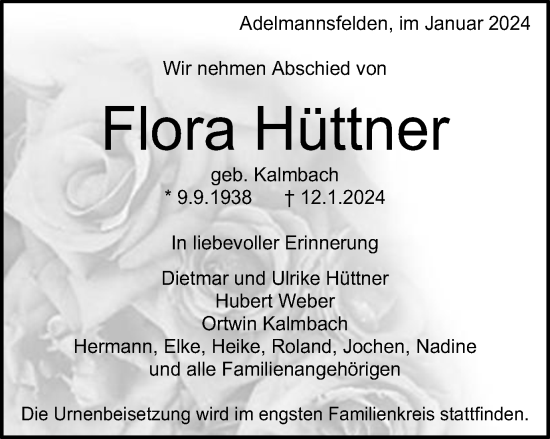 Traueranzeige von Flora Hüttner von Schwäbische Post