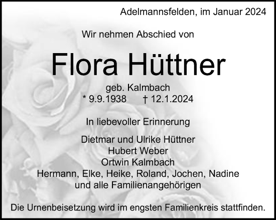 Traueranzeige von Flora Hüttner