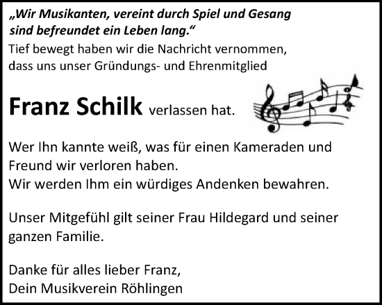 Traueranzeige von Franz Schilk von Schwäbische Post