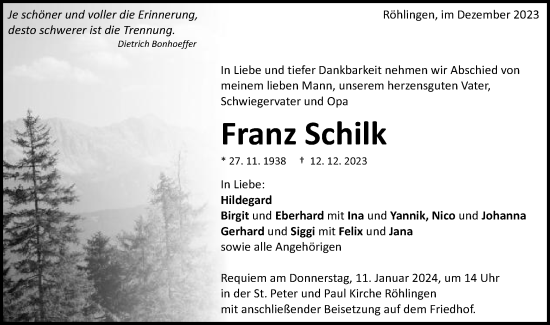 Traueranzeige von Franz Schilk von Schwäbische Post