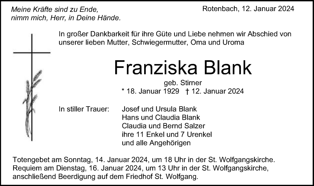  Traueranzeige für Franziska Blank vom 13.01.2024 aus Schwäbische Post