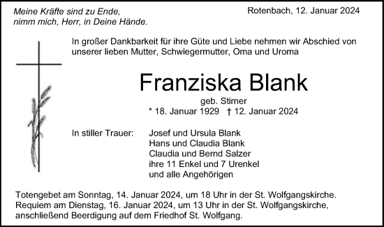 Traueranzeige von Franziska Blank