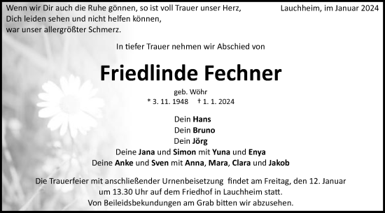 Traueranzeige von Friedlinde Fechner von Schwäbische Post