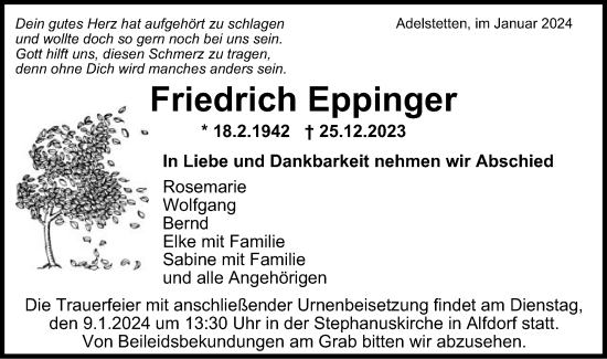 Traueranzeige von Friedrich Eppinger von Gmünder Tagespost