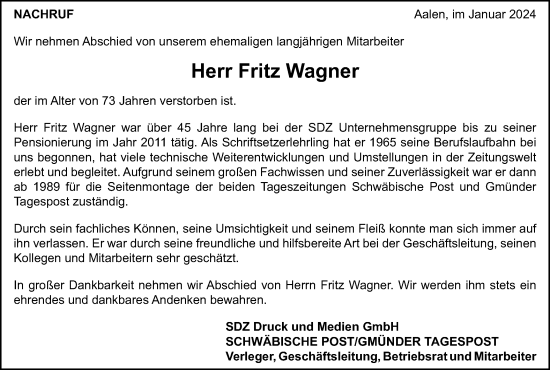 Traueranzeige von Fritz Wagner von Schwäbische Post