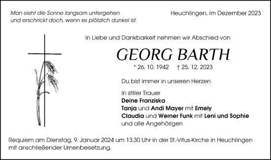 Traueranzeige von Georg Barth von Gmünder Tagespost