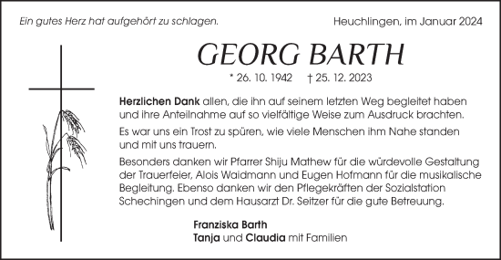 Traueranzeige von Georg Barth von Gmünder Tagespost