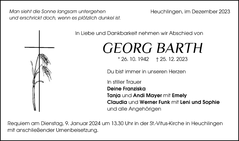  Traueranzeige für Georg Barth vom 04.01.2024 aus Gmünder Tagespost