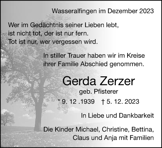 Traueranzeige von Gerda Zerzer von Schwäbische Post