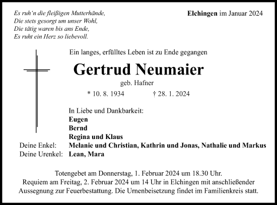 Traueranzeige von Gertrud Neumaier von Schwäbische Post