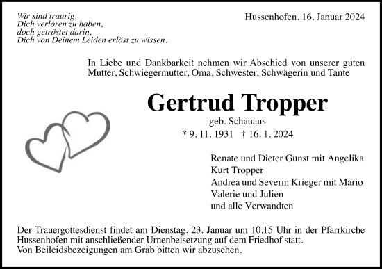 Traueranzeige von Gertrud Tropper