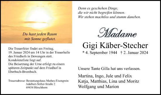 Traueranzeige von Gigi Käber-Stecher von Schwäbische Post