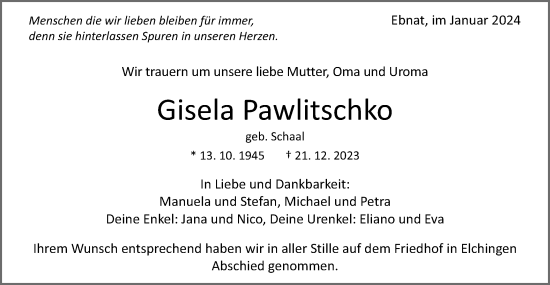 Traueranzeige von Gisela Pawlitschko von Schwäbische Post