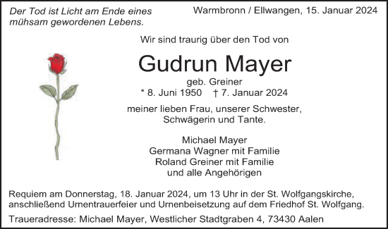 Traueranzeige von Gudrun Mayer von Schwäbische Post