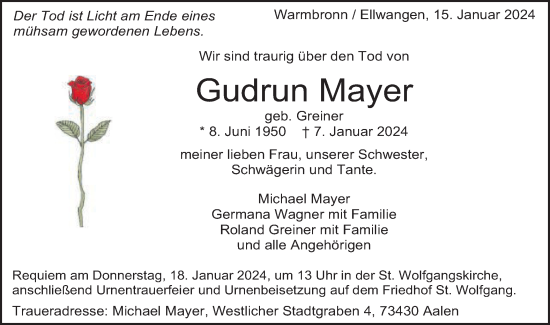 Traueranzeige von Gudrun Mayer