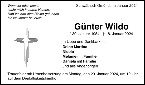 Traueranzeige von Günter Wildo von Gmünder Tagespost