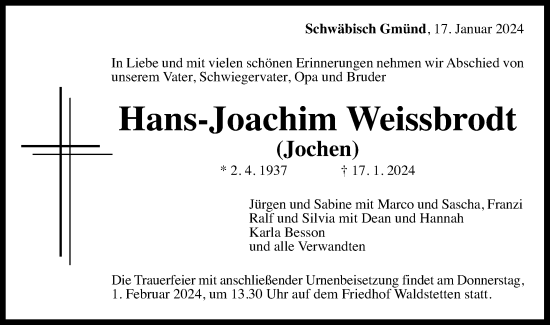 Traueranzeige von Hans-Joachim Weissbrodt