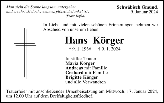 Traueranzeige von Hans Körger von Gmünder Tagespost