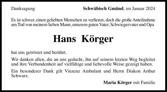 Traueranzeige von Hans Körger von Gmünder Tagespost