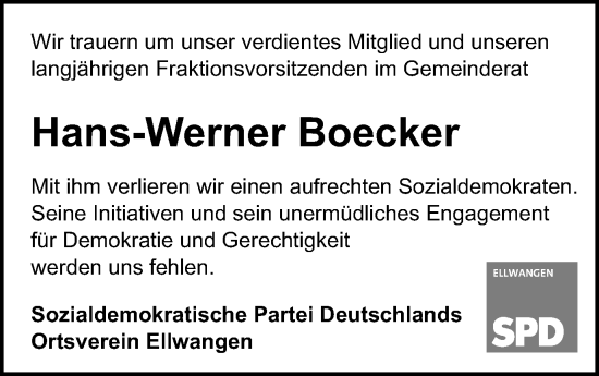 Traueranzeige von Hans-Werner Boecker von Schwäbische Post