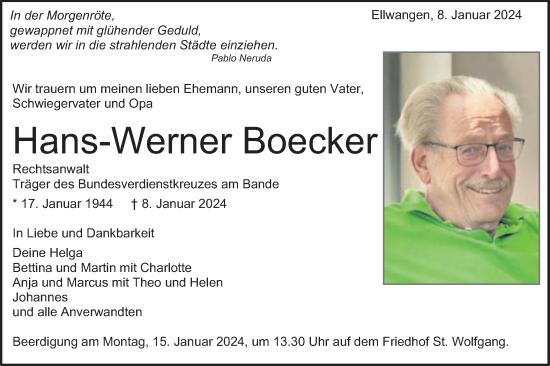 Traueranzeige von Hans-Werner Boecker von Schwäbische Post